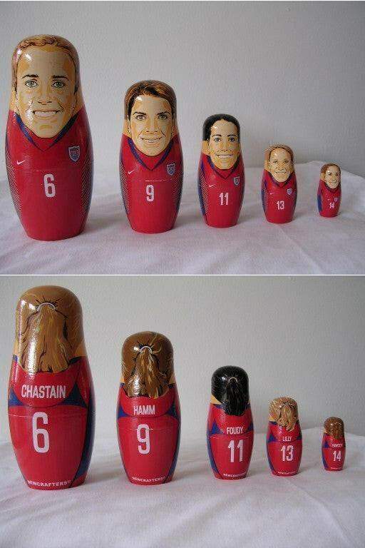 Mia Hamm Brandi Chastain Joy Fawcett Julie Foudy Kristine Lilly Nesting Doll set 1999 USWNT - AutographsForSale.com