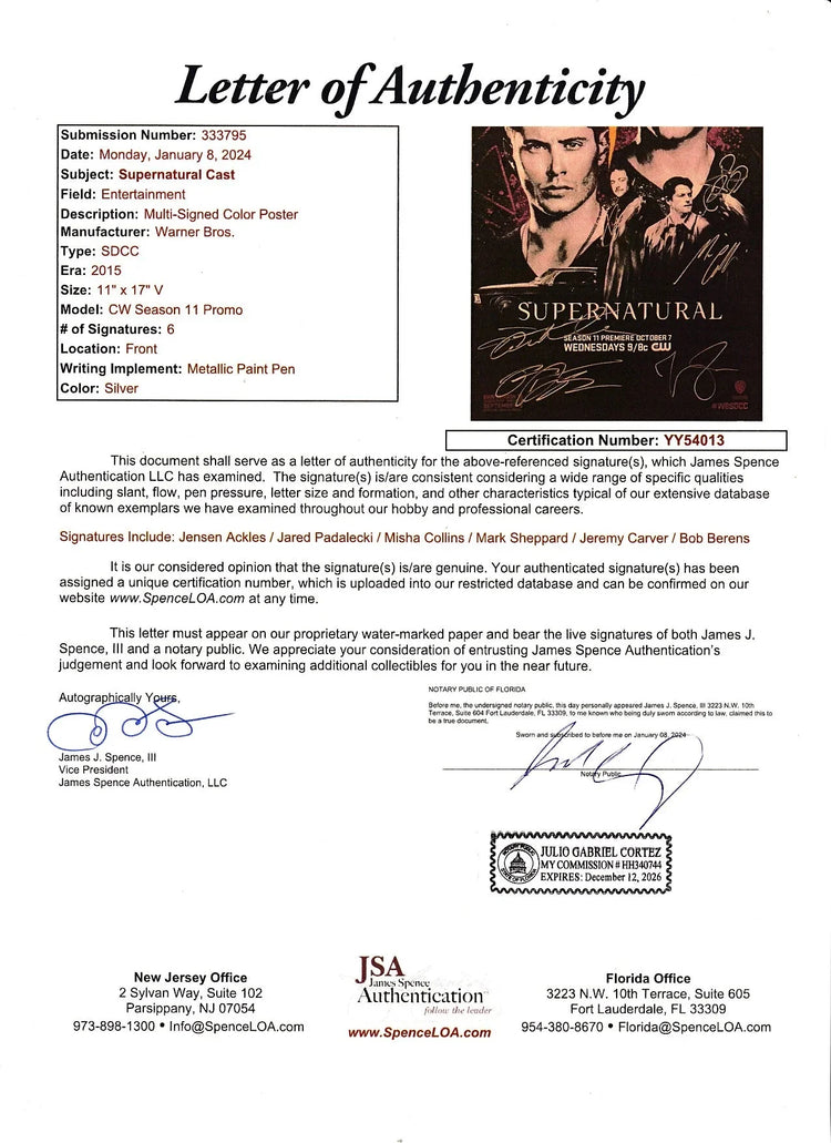 Supernatural cast signed 2015 SDCC poster Jensen Ackles Jared Padalecki JSA - AutographsForSale.com