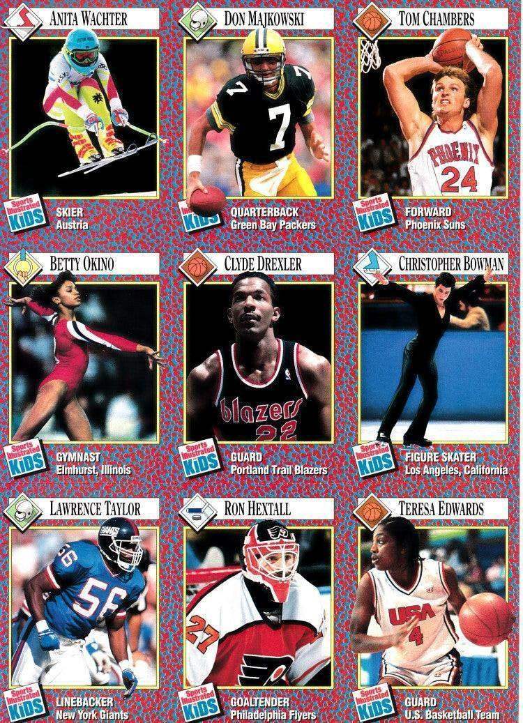 Clyde Drexler Teresa Edwards Lawrence Taylor 1991 SI for Kids card sheet - AutographsForSale.com
