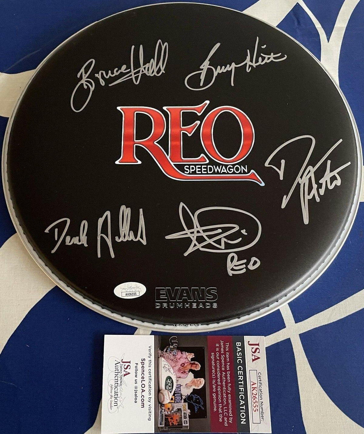 REO Speedwagon full group signed logo drumhead (Kevin Cronin) JSA - AutographsForSale.com