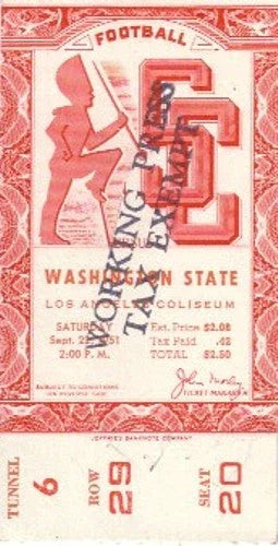 1951 USC Trojans vs Washington State Cougars college football ticket stub - AutographsForSale.com