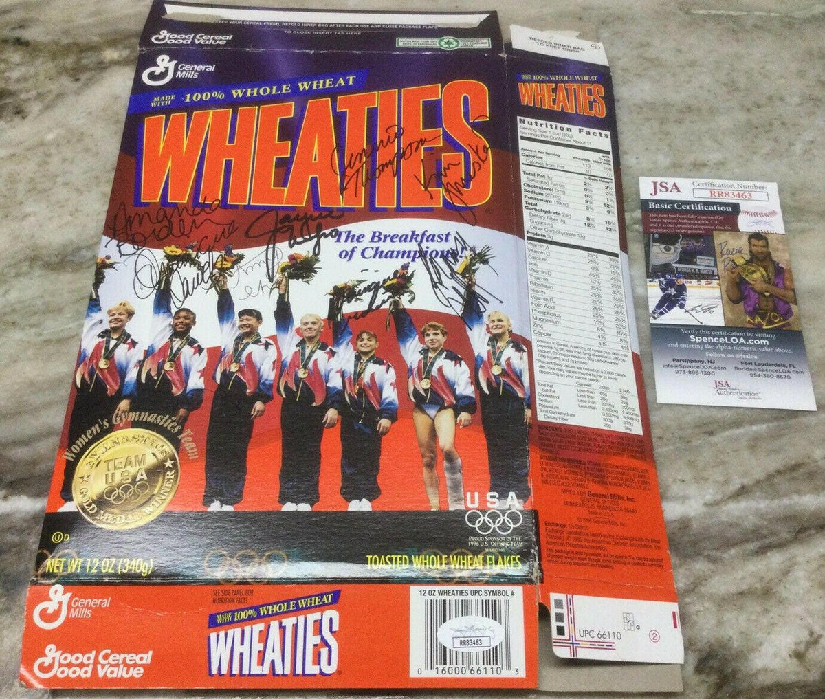 1996 US Olympic Gymnastics Gold Medal Magnificent 7 team signed Wheaties box JSA - AutographsForSale.com