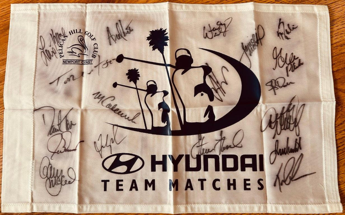 Signed 2001 Hyundai team Matches golf flag Fred Couples Tom Watson Karrie Webb - AutographsForSale.com