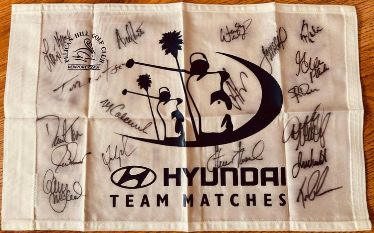 Signed 2001 Hyundai team Matches golf flag Fred Couples Tom Watson Karrie Webb - AutographsForSale.com