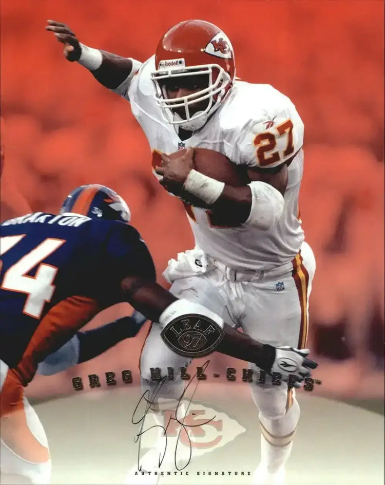 Greg Hill certified autograph KC Chiefs 1997 Leaf 8x10 card - AutographsForSale.com