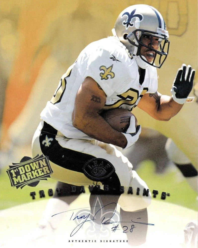 Troy Davis certified autograph New Orleans Saints 1997 Leaf First Down Marker 8x10 photo card - AutographsForSale.com
