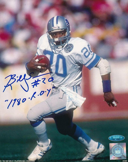 Billy Sims signed Detroit Lions 8x10 photo w/ 1980 R O Y Tristar - AutographsForSale.com
