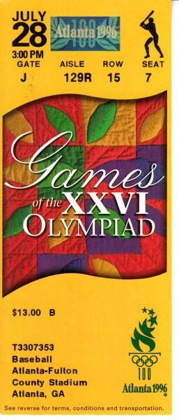 1996 Atlanta Olympics Baseball ticket stub Cuba 10 USA 8 2 - AutographsForSale.com