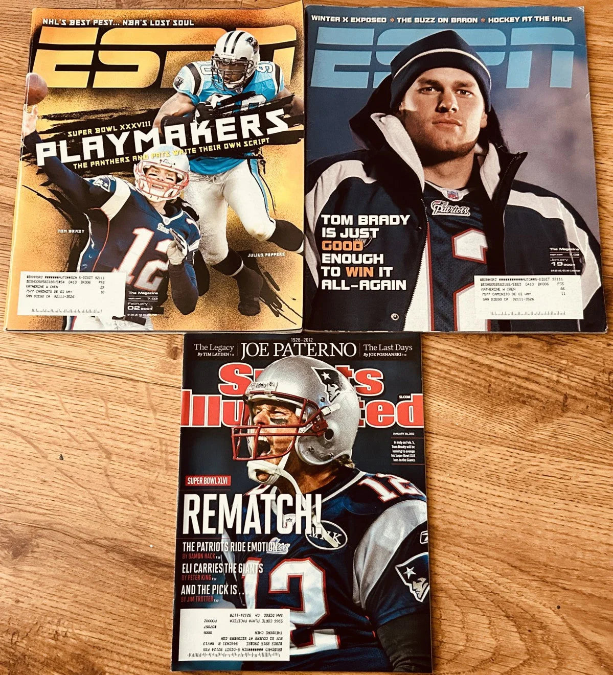 3 Tom Brady New England Patriots 2010 and 2012 ESPN magazines and 2015 Sports Illustrated issues - AutographsForSale.com