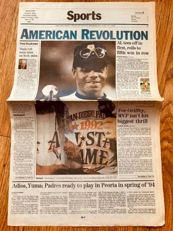 Ken Griffey Jr Mariners 1992 MLB All-Star MVP San Diego Union-Tribune newspaper - AutographsForSale.com