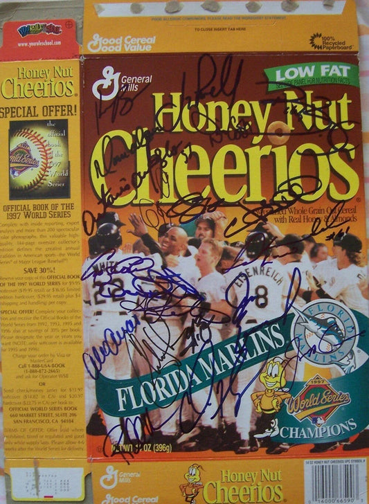 1997 Marlins team signed World Series Champs cereal box Jeff Conine Livan Hernandez Jim Leyland Gary Sheffield JSA - AutographsForSale.com