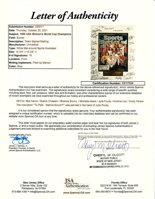 JSA Letter of Authenticity for 1999 US Women's World Cup team signed Sports Illustrated cover with 19 autographs