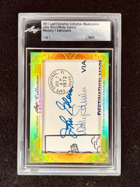 John Glenn and Wally Schirra 2017 Leaf Masterpiece Cut Signature certified autograph card 1/1 JSA Mercury 7 - AutographsForSale.com