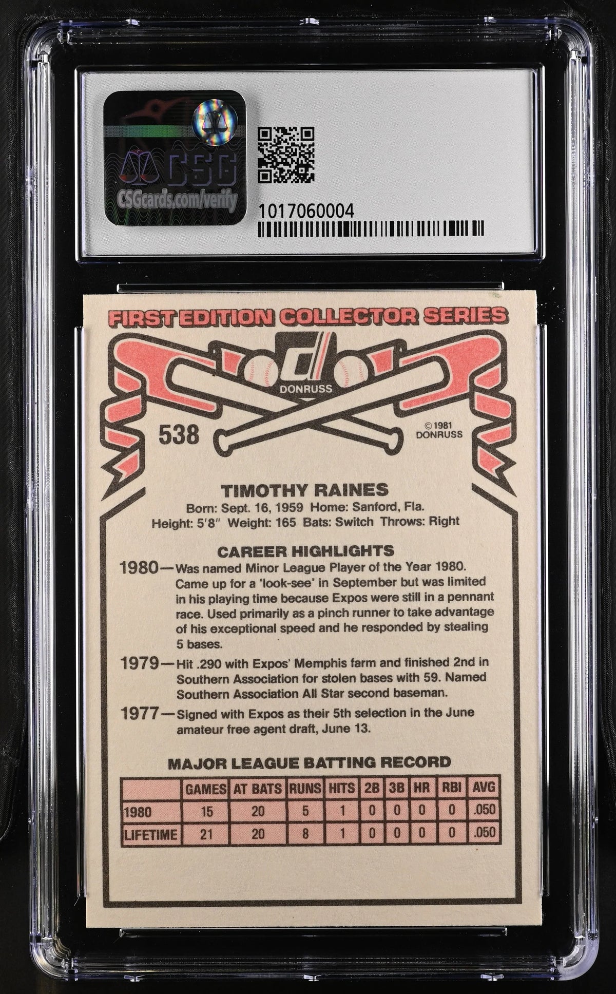 Tim Raines Montreal Expos 1981 Donruss Rookie Card Graded CSG 6 - AutographsForSale.com