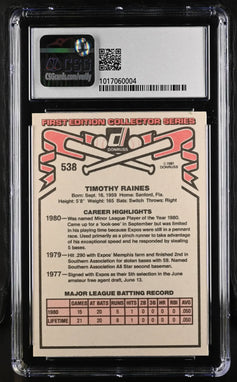 Tim Raines Montreal Expos 1981 Donruss Rookie Card Graded CSG 6 - AutographsForSale.com