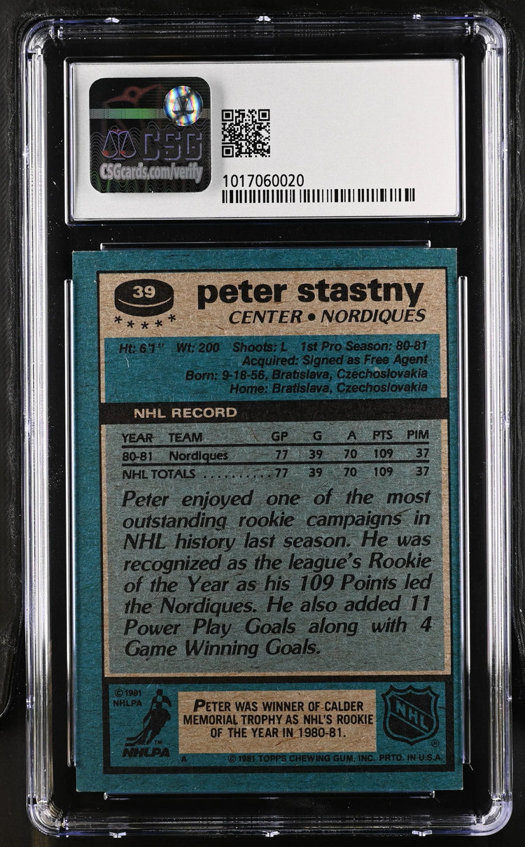 Peter Stastny 1981-82 Topps hockey RC 39 CSG 7 NM - AutographsForSale.com