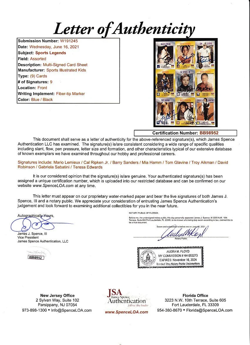Autographed 1996 SI for Kids card sheet Barry Sanders Troy Aikman Mia Hamm Mario Lemieux Cal Ripken David Robinson JSA - AutographsForSale.com
