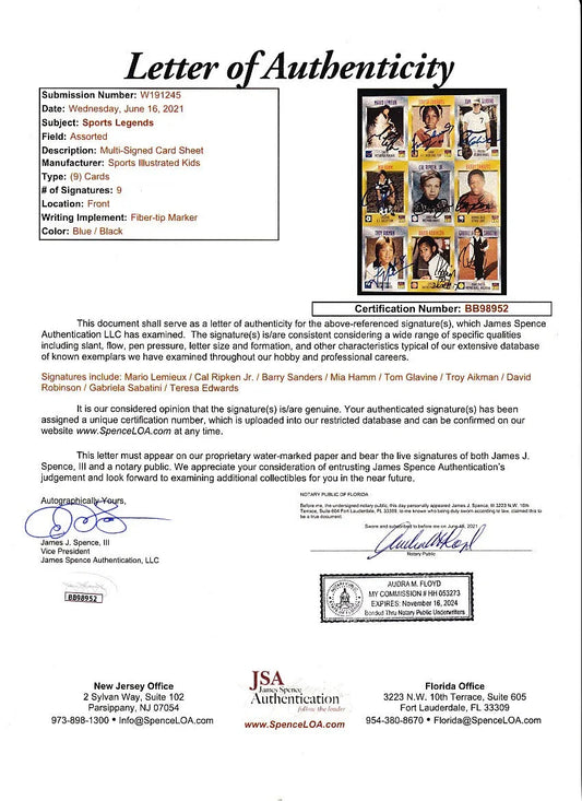 Autographed 1996 SI for Kids card sheet Barry Sanders Troy Aikman Mia Hamm Mario Lemieux Cal Ripken David Robinson JSA - AutographsForSale.com