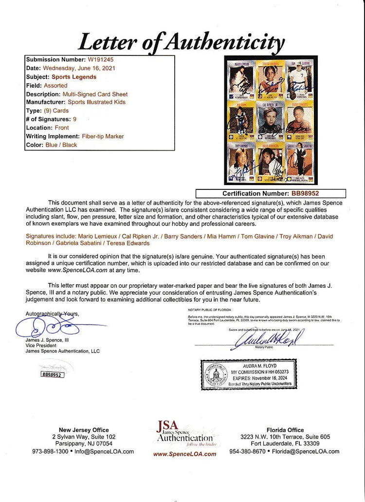 Autographed 1996 SI for Kids card sheet Barry Sanders Troy Aikman Mia Hamm Mario Lemieux Cal Ripken David Robinson JSA - AutographsForSale.com