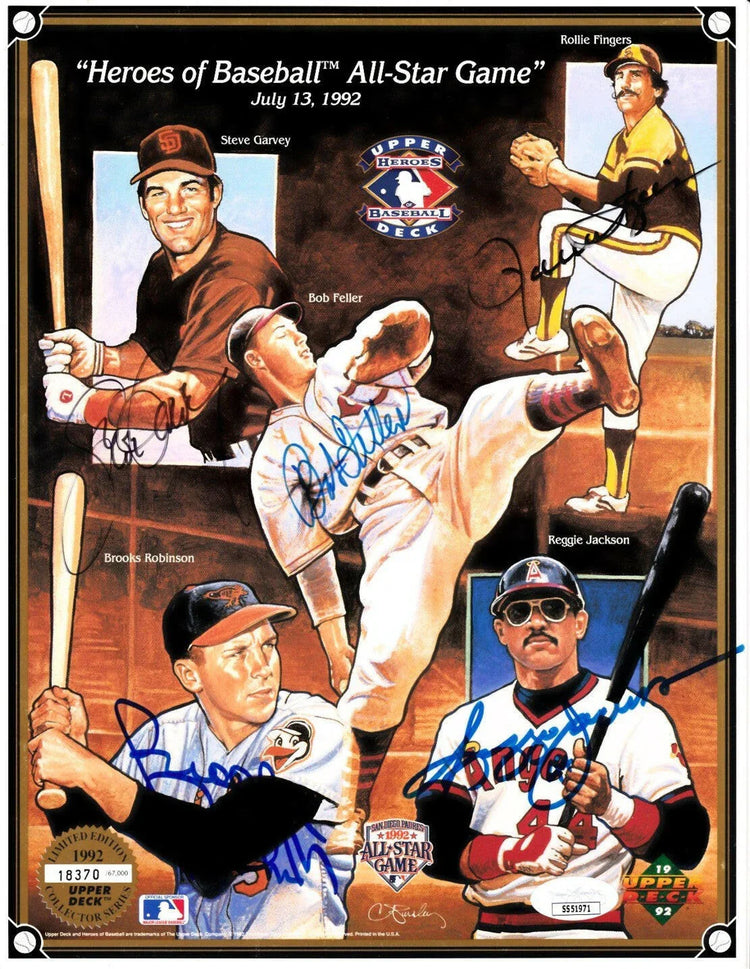 Bob Feller Rollie Fingers Steve Garvey Reggie Jackson Brooks Robinson signed 1992 All-Star Upper Deck card sheet JSA - AutographsForSale.com