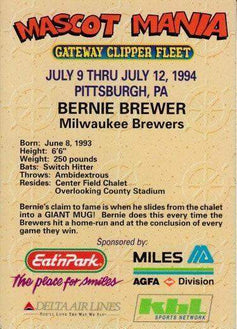 Bernie Brewer 1994 All-Star Fanfest Mascot Mania promo card - AutographsForSale.com