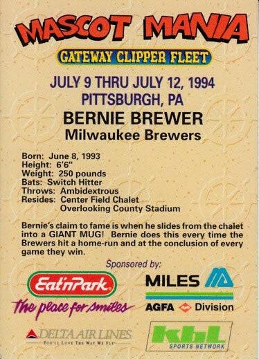 Bernie Brewer 1994 All-Star Fanfest Mascot Mania promo card - AutographsForSale.com
