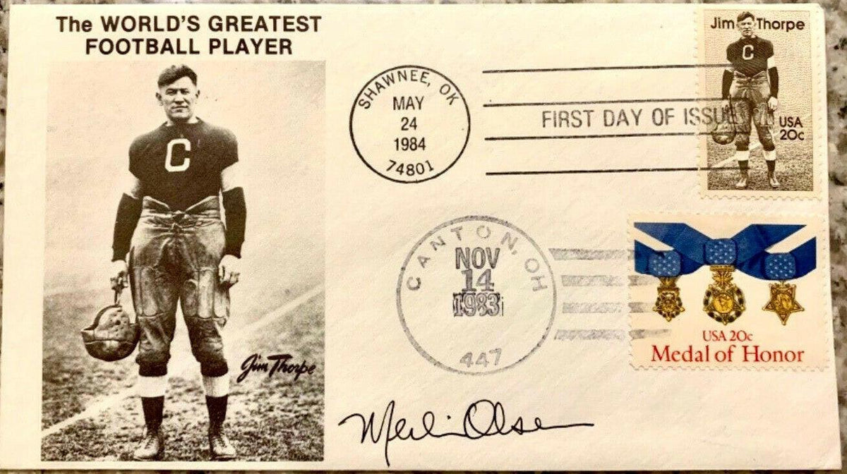 Merlin Olsen signed 1984 Jim Thorpe 1st Day cover Rams Fearsome Foursome - AutographsForSale.com
