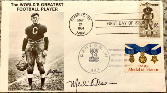 Merlin Olsen signed 1984 Jim Thorpe 1st Day cover Rams Fearsome Foursome - AutographsForSale.com