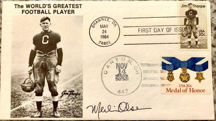 Merlin Olsen signed 1984 Jim Thorpe 1st Day cover Rams Fearsome Foursome - AutographsForSale.com