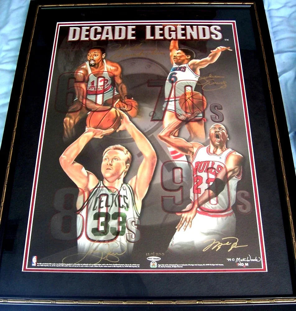 Michael Jordan Wilt Chamberlain Larry Bird Dr. J signed UDA Decade Legends litho framed - AutographsForSale.com