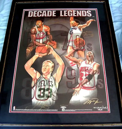 Michael Jordan Wilt Chamberlain Larry Bird Dr. J signed UDA Decade Legends litho framed - AutographsForSale.com
