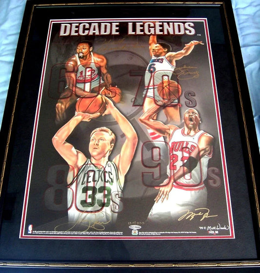 Michael Jordan Wilt Chamberlain Larry Bird Dr. J signed UDA Decade Legends litho framed - AutographsForSale.com