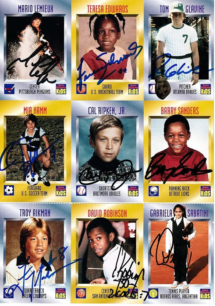 Autographed 1996 SI for Kids card sheet Barry Sanders Troy Aikman Mia Hamm Mario Lemieux Cal Ripken David Robinson JSA - AutographsForSale.com