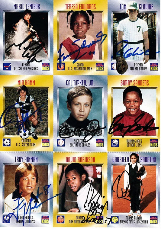 Autographed 1996 SI for Kids card sheet Barry Sanders Troy Aikman Mia Hamm Mario Lemieux Cal Ripken David Robinson JSA - AutographsForSale.com