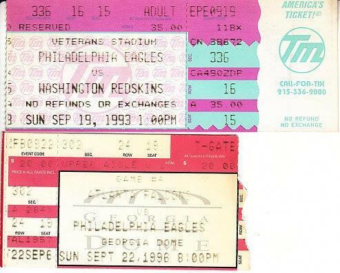 Philadelphia Eagles 2 vintage 90s ticket stubs (Randall Cunningham Ricky Watters) - AutographsForSale.com