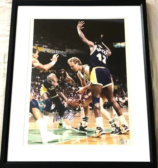 Larry Bird & Magic Johnson signed Celtics vs Lakers 16x20 photo framed Schwartz - AutographsForSale.com