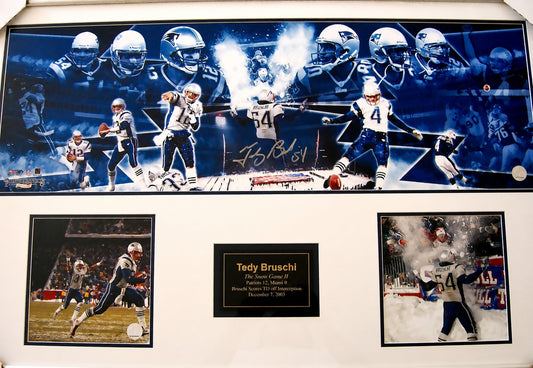 Tedy Bruschi signed NFL memorabilia, Patriots Snow Game II autograph display with game photos and plaque