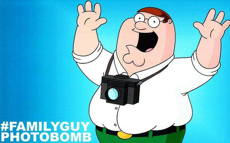 Family Guy photobomb 2014 SDCC Peter Griffin Glenn Quagmire 5x8 card - AutographsForSale.com