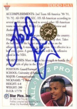 Todd Day certified autograph Arkansas 1992 Star Pics card - AutographsForSale.com