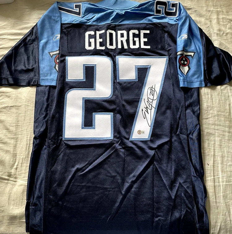 Eddie George autographed Tennessee Titans Reebok navy jersey BAS - AutographsForSale.com
