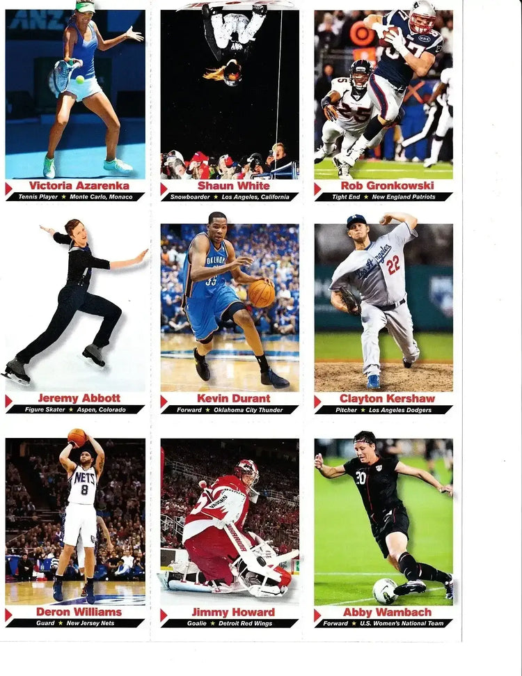 Kevin Durant Rob Gronkowski Clayton Kershaw Shaun White 2012 SI for Kids card sheet - AutographsForSale.com