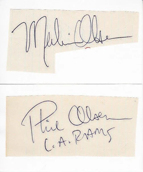 Merlin Olsen & Phil Olsen Rams autographs cut signatures affixed to 3x5 index cards - AutographsForSale.com