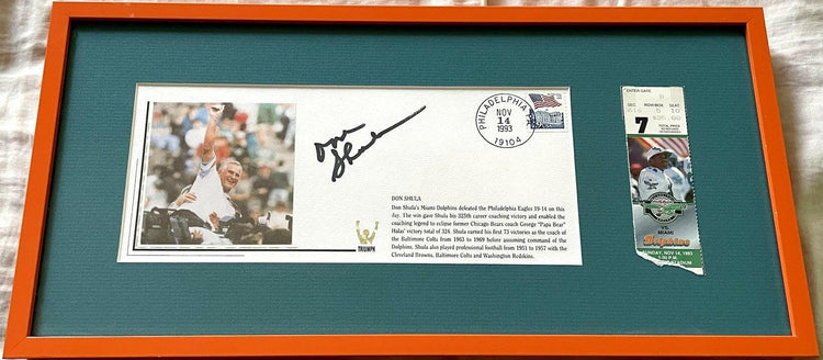 Don Shula signed Dolphins NFL Career Win 325 cachet framed ticket JSA - AutographsForSale.com