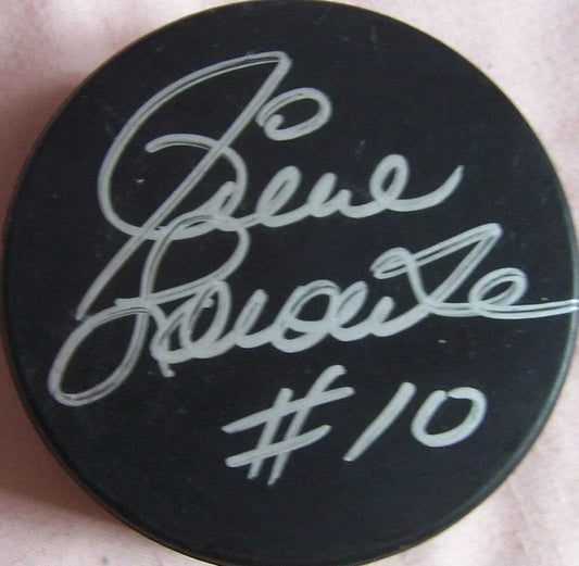 Pierre Larouche autographed hockey puck Pittsburgh Penguins - AutographsForSale.com