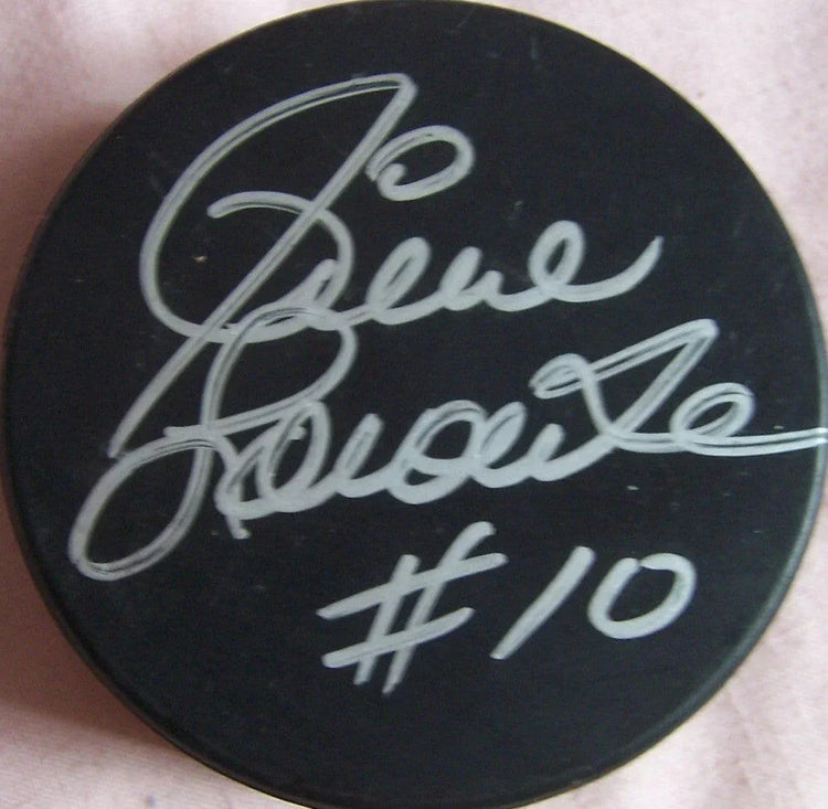 Pierre Larouche autographed hockey puck Pittsburgh Penguins - AutographsForSale.com