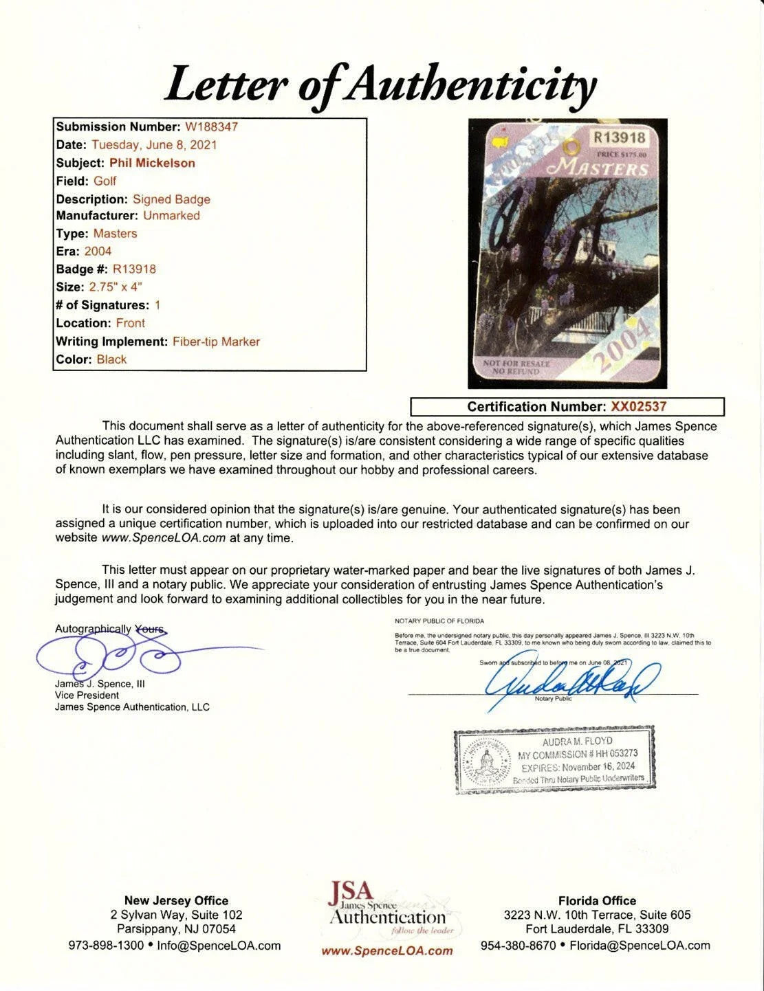 Phil Mickelson autographed 2004 Masters golf badge JSA - AutographsForSale.com