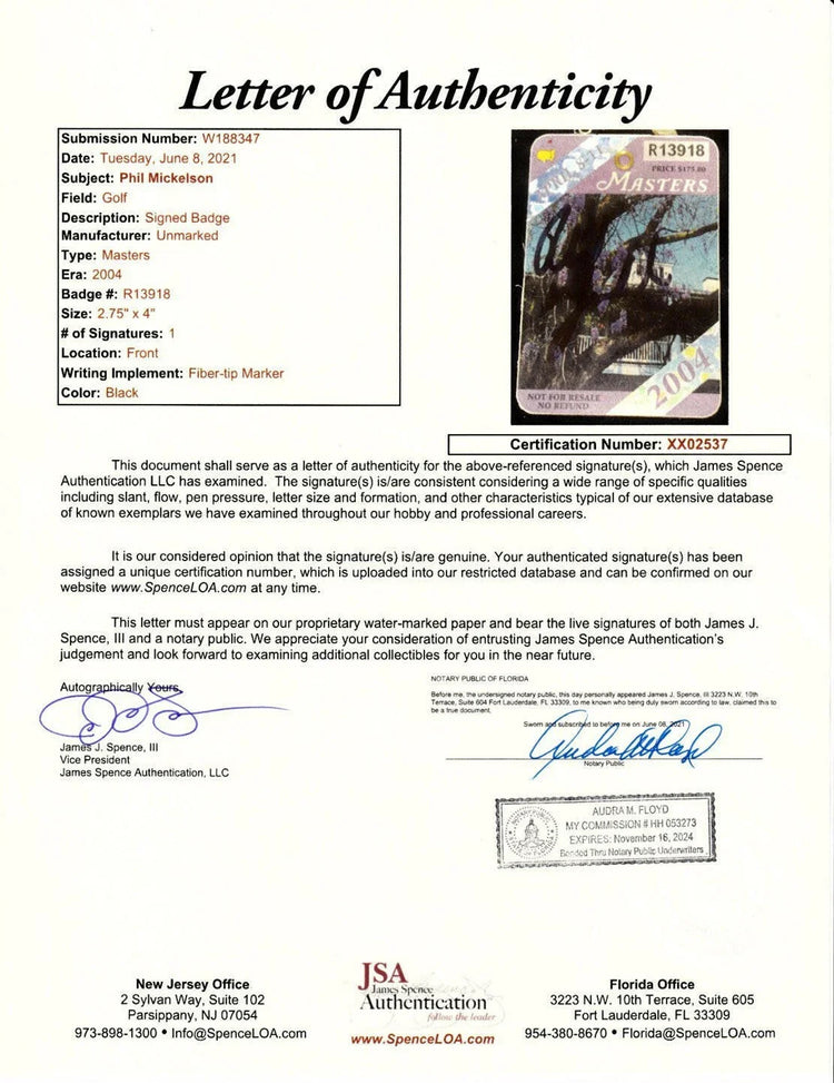 Phil Mickelson autographed 2004 Masters golf badge JSA - AutographsForSale.com