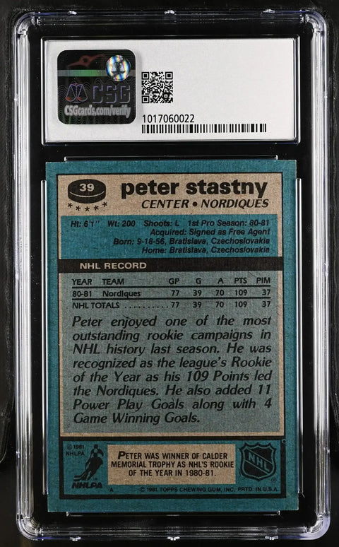 Peter Stastny 1981-82 Topps Rookie Card CSG 8 - AutographsForSale.com