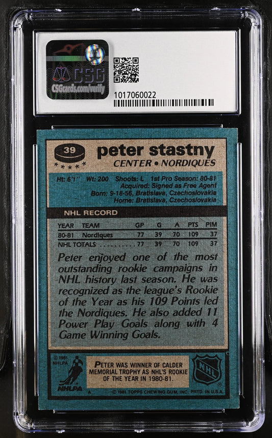 Peter Stastny 1981-82 Topps hockey RC 39 CSG 8 NmMt - AutographsForSale.com