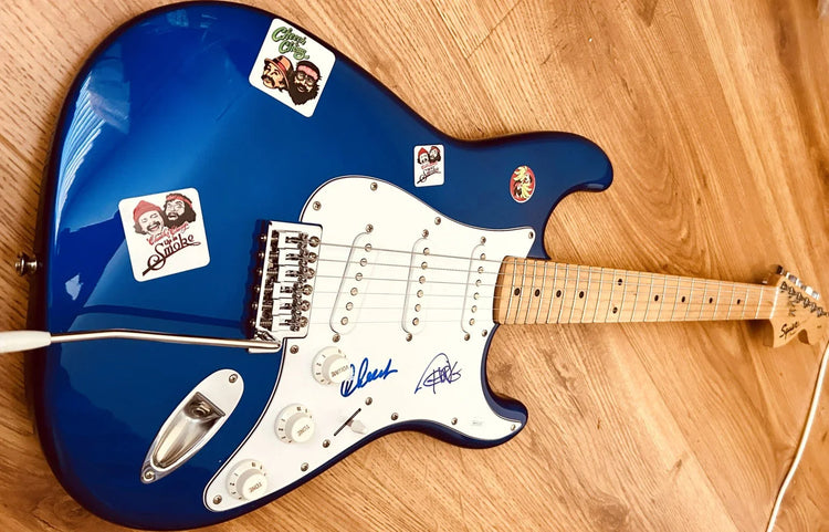 Cheech Marin Tommy Chong signed blue Fender electric guitar JSA - AutographsForSale.com